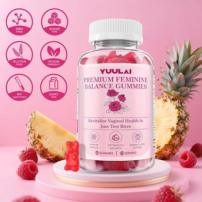 Premium Feminine Balance Gummies, Hawaiian Pineapple Feminine Gummies for Women PH Balance & Vaginal Health, Vegan, 60 Gummies
