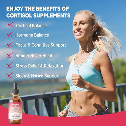 Cortisol Supplements for Women, Cortisol Wellness Liquid Drops, 16 in 1 Cortisol Detox Reducer w. Ashwagandha, Magnesium, L-Theanine, Folate for Relaxation & Hormone Balance, Strawberry
