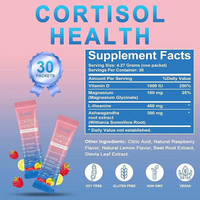 Cortisol Powdered Drink Mix, Made with Magnesium Glycinate, L-Theanine, Ashwagandha & Vitamin D3, Cortisol Supplements for Relaxation, Focus & Calm Support, Raspberry Lemonade Flavor, 30 Ct