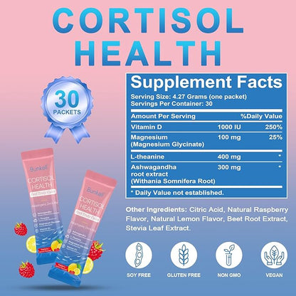 Cortisol Powdered Drink Mix, Made with Magnesium Glycinate, L-Theanine, Ashwagandha & Vitamin D3, Cortisol Supplements for Relaxation, Focus & Calm Support, Raspberry Lemonade Flavor, 30 Ct