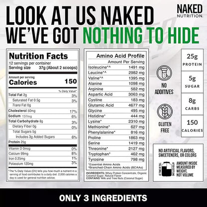 NAKED Vanilla Whey Protein 1Lb, Only 3 Ingredients, All Natural Grass Fed Whey Protein Powder + Vanilla + Coconut Sugar - NSF Certified, GMO-Free, Soy Free, Gluten Free. Aid Muscle Growth, 12 Servings
