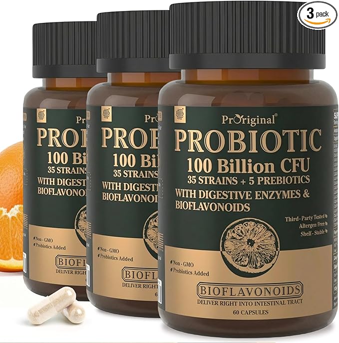 Probiotics for Women & Men, 100 Billion CFU Probiotic for Digestive, Gut & Immune Health - with Prebiotics, Bioflavonoids & Digestive Enzyme, 35 Strains Raw Probiotic Supplement, 180 Caps