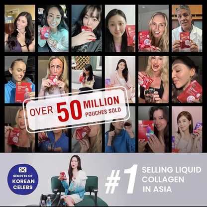 m2 Super Collagen Drink Liquid, Super Concentrate 6000mg Dual Peptide Collagen, Secrets of Korean Celebs, 68% More Collagen After 24 Hours, Drink from Pouch, No Added Sugar (8pk)