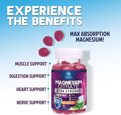 Magnesium Citrate Gummy - High Absorption Magnesium Gummies for Adults & Kids - Enhanced Bioavailability Form Mag Citrate Supplement - Improved Vegan Formula - Delicious Raspberry Flavor - 60 Gummies