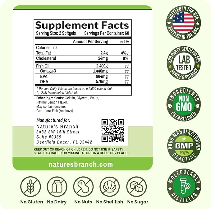 Triple Strength Omega 3 Fish Oil Supplements 2400mg | 120 Capsules, Burpless High Potency Lemon Flavor, High EPA DHA for Men & Women Ultra Pure Softgels | Joint Support, Eyes, Heart Brain Health Pills
