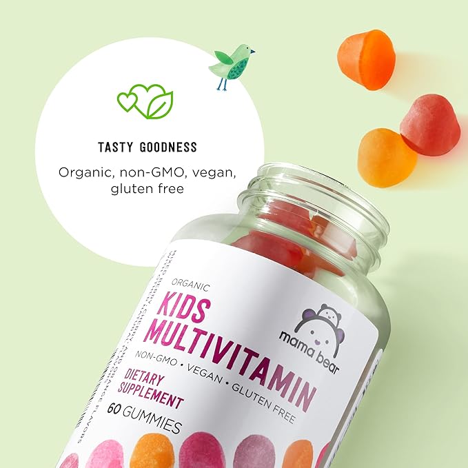 Amazon Brand - Mama Bear Organic Kids Multivitamin Gummies, Berry, Cherry & Orange, 60 Count, 1 Month Supply (Packaging May Vary)