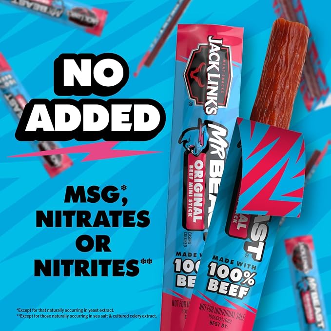 Jack Link’s x MrBeast Beef Sticks, Original Mini Beef Sticks, As Seen on Beast Games, 5g Protein, Made with 100% Real Beef, Pantry-Ready Snacks, 12 Count (Pack of 2)