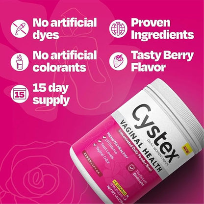 Cystex Vaginal Health Powder - Daily Electrolyte-Enhanced Support for pH Balance, Yeast, & Odor - Hydrating Berry Flavor - 15 Servings