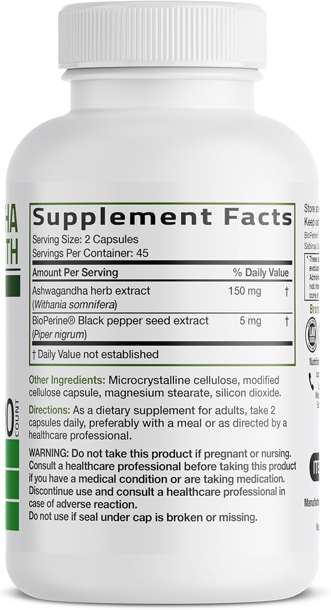 Bronson Ashwagandha Extra Strength Stress & Mood Support with BioPerine - Non GMO Formula, 90 Vegetarian Capsules