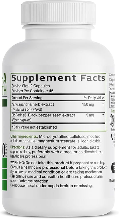 Bronson Ashwagandha Extra Strength Stress & Mood Support with BioPerine - Non GMO Formula, 90 Vegetarian Capsules