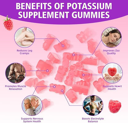 Potassium Gummies for Adults with 1200mg Potassium Chloride - Supports Muscle Health & Leg Cramps, Raspberry Flavor, 120 Count