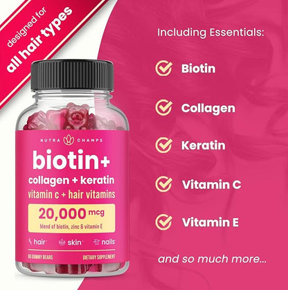 NutraChamps Biotin Gummies 5000mcg with Collagen, Keratin & More – Hair Skin and Nails Vitamins for Women & Men – Support Normal Hair Growth Cycle - Enhanced with Vitamin C, D3, Zinc (Pack of 2)
