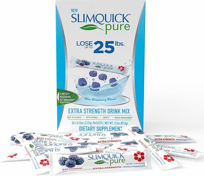 SlimQuick Pure 3X Extra Strength Drink Mix Packets, Metabolism and Weight Management for Women, Helps in Fat Breakdown, with Green Tea, Caffeine, Chaste Tree, Rhodiola - Blue Raspberry 26 Count