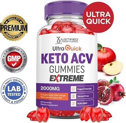 Justified Laboratories (3 Pack Ultra Quick Keto ACV Gummies Extreme 2000MG Ultraquick Keto Gummies Apple Cider Vinegar Formulated with Pomegranate Beet Juice Powder B12 Vegan Non GMO 180 Gummys