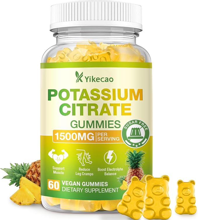 1500mg Potassium Citrate Gummies, Sugar-Free Potassium Supplement Gummies for Adults Women & Men, Support Leg Cramps & Electrolyte Balance, Vegan, Pineapple Flavor, 60 Count