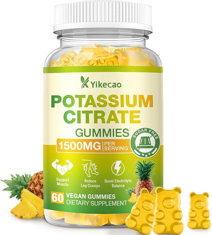 1500mg Potassium Citrate Gummies, Sugar-Free Potassium Supplement Gummies for Adults Women & Men, Support Leg Cramps & Electrolyte Balance, Vegan, Pineapple Flavor, 60 Count