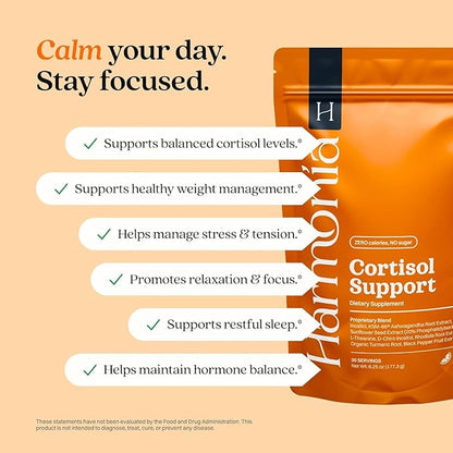 Harmonia Cortisol Cocktail | Cortisol Supplements for Women & Men with Ashwagandha, Magnesium & L-Theanine | Drink Harmonia for Stress Relief, Weight Management & Sleep Support (3 Pack x 30 Servings)