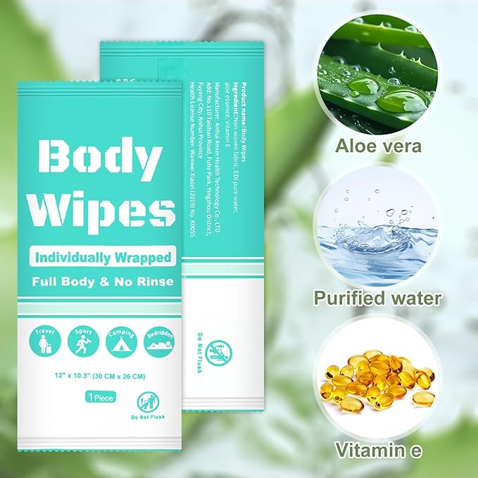 Individually Wrapped Body Wipes Bulk Bath Wipe, Women Men Large Adult Disposable Body Shower Wipes No Rinse-Free Bathing Cloths Wipe for Outdoors After Gym Camping Travel (200, Blue, 12 x 10.3 in)