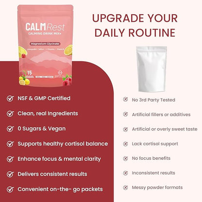 Calm Magnesium Powder Cortisol Supplement for Women, Supports Sleep, Stress Relief & Relax with Ashwagandha, Saffron, L Theanine, Vitamin D3, No Sugar, 15Ct, Raspberry Lemonade