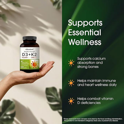 NatureBell Vitamin Double Strength D3 + K2-240 Softgels - 10,000 IU Vitamin D & 200mcg K2 - Bone Strength, Immune Function & Calcium Absorption Support* - Coconut Oil Infused