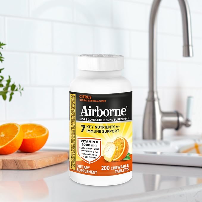 Airborne 1000mg Vitamin C with D and Zinc, Multivitamin Immune Support Supplement with Antioxidants A, C, and E, 200 Chewable Tablets, Citrus Flavor,(Pack of 2)