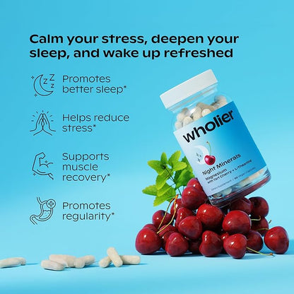 wholier Magnesium Glycinate, L-Theanine, Tart Cherry Juice. Natural Support for Sleep, Stress + Relaxation. Melatonin-Free. Night Minerals. (60 Vegan Capsules) Glass Bottle