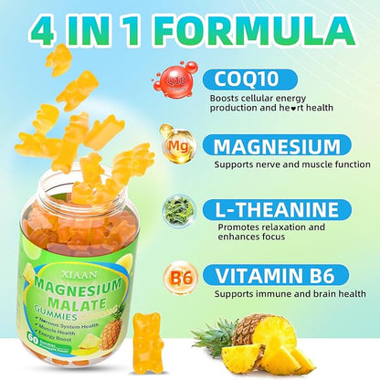 Magnesium Malate Gummies 1000mg, Chewable Magnesium Malate Supplements with CoQ10, L-Theanine & Vitamin B6 for Energy Boost & Muscle Health, Sugar-Free/Vegan, Pineapple Flavor 60 Count