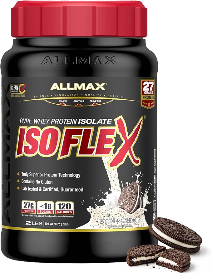 ALLMAX ISOFLEX Pure Whey Isolate Protein Powder - Gluten Free, Low Lactose, Sugar-Free - High-Protein, Clean, Keto-Friendly for Pre Post Workout Supplement for Women and Men | Cookies & Cream, 2lb