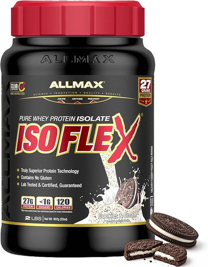 ALLMAX ISOFLEX Pure Whey Isolate Protein Powder - Gluten Free, Low Lactose, Sugar-Free - High-Protein, Clean, Keto-Friendly for Pre Post Workout Supplement for Women and Men | Cookies & Cream, 2lb