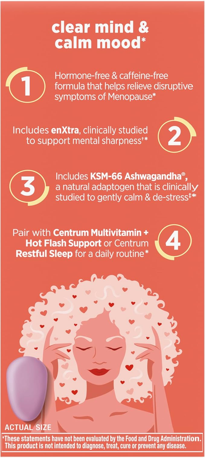 Centrum Clear Mind and Calm Mood Menopause Support Tablets,with Clinically Studied enXtra,30 Count (Pack of 2)
