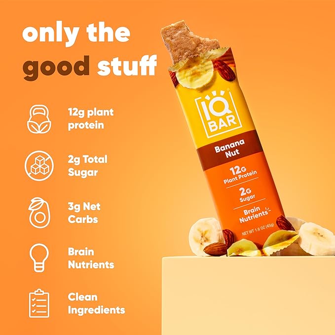 IQBAR Clean Plant Protein Bars - Banana Nut - 24 Count - Keto, Vegan, High Fiber, Gluten and Dairy Free, Low Sugar Snack - Brain and Body Nutrients for Focus, Energy, Meal Replacement
