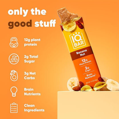 IQBAR Clean Plant Protein Bars - Banana Nut - 24 Count - Keto, Vegan, High Fiber, Gluten and Dairy Free, Low Sugar Snack - Brain and Body Nutrients for Focus, Energy, Meal Replacement