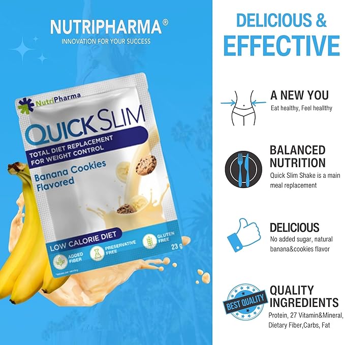 Quick Slim High Protein Shakes for Weight Loss, 30 Servings, Complete Meal Replacement Powder, Diet Shakes for Women & Men, 20g Protein, 27 Vit & Min, Keto, Gluten Free (Banana Cookies, 30 Sachets)