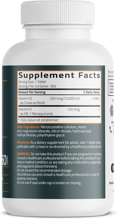 Bronson Vitamin K2 (MK7) with D3 Supplement Extra Strength 2 in 1 Support, 10,000 IU Vitamin D3 & 120 mcg K2 MK-7, 360 Tablets