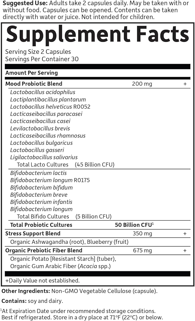 Garden of Life Dr. Formulated Probiotics Mood+ - 50 Billion CFU - Supports Relaxation & Digestive Health - 60 Vegetarian Capsules
