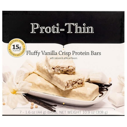 Proti-Thin Fluffy Vanilla Crisp Protein Bars, 15g Protein, Low Calorie, Very Low Carb (VLC), Low Fat, High Fiber Snack Bar, KETO Diet Friendly, Ideal Protein Compatible, No Gluten Ingredients, 7 /Box