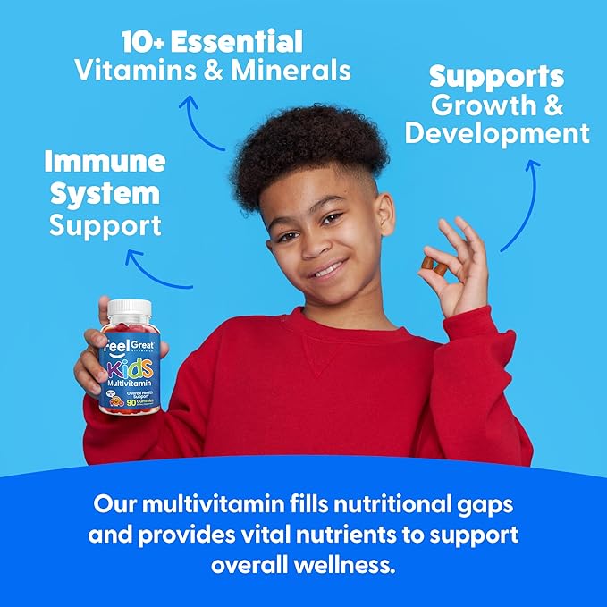 Feel Great Kids Multivitamin Gummies | Citrus & Strawberry Flavored Vitamins for Kids | Multivitamin Gummies with Vitamin D for Bone, Muscle & Immune Support | Chewable Vitamins | 45-Day Supply