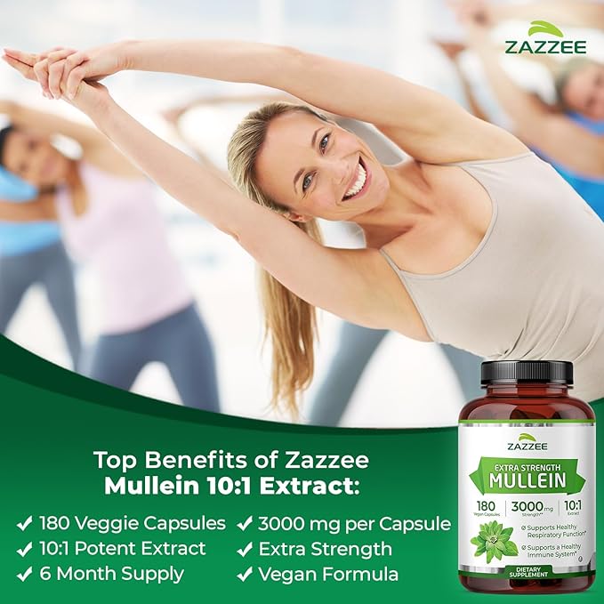 Zazzee Extra Strength Mullein Leaf 10:1 Extract, 180 Vegan Capsules, 6 Month Supply, Verbascum Thapsus, Respiratory & Lung Support, Certified Kosher, 100% Pure Leaf Powder, Non-GMO, Made in the USA