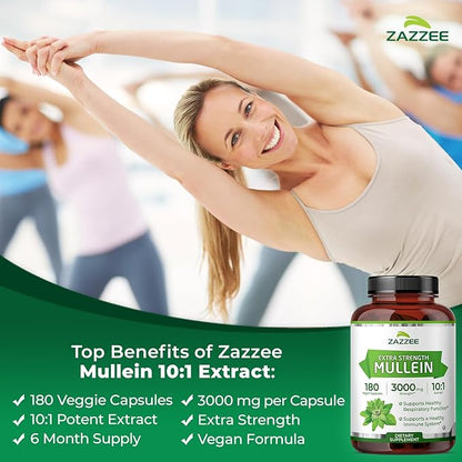 Zazzee Extra Strength Mullein Leaf 10:1 Extract, 180 Vegan Capsules, 6 Month Supply, Verbascum Thapsus, Respiratory & Lung Support, Certified Kosher, 100% Pure Leaf Powder, Non-GMO, Made in the USA