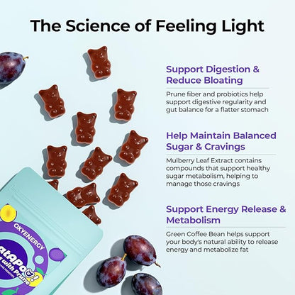 OxyEnergy Prebiotics, Probiotics, Metabolism Gummies for Adults with Prune Digestive Green Coffee Bean & Mulberry Leaf Extract to Support Gut Health, Sugar Metabolism & Energy Release - 30 Gummies