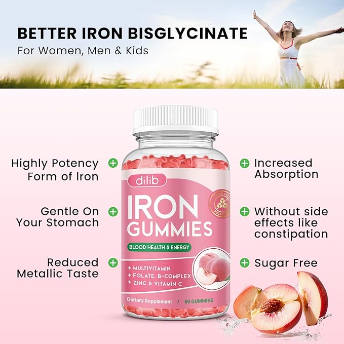 Iron Gummies with Multivitamin, Iron Supplement for Women & Men, Kids Multivitamin with Iron, Zinc, Vitamin B Complex & C, B12, Folate - Blood Builder, Energy Support, Peach Flavor, Vegan 60 Gummies