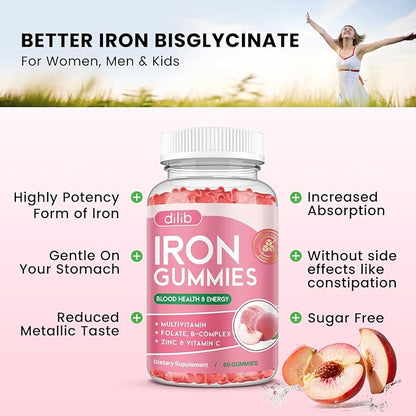 Iron Gummies with Multivitamin, Iron Supplement for Women & Men, Kids Multivitamin with Zinc, Vitamin B Complex & C, B12, Folate - Blood Builder, Energy Support, Peach Flavor, Vegan 120 Gummies