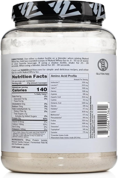 NAKED Vanilla Whey Isolate Protein - Only 4 Ingredients, 30g Grass-Fed Protein, Undenatured, No GMO, No Soy, Gluten-Free, No Preservatives - 24 Servings