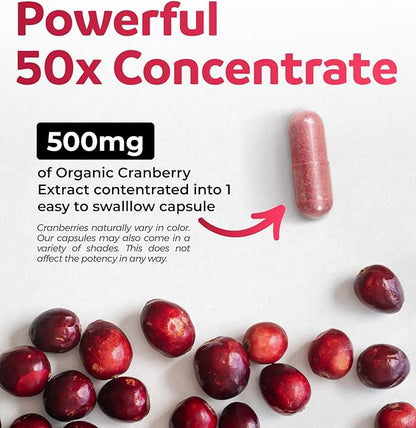 Organic Cranberry Pills - Vegan Supplement for Urinary Tract Health & Kidney Cleanse - Cranberry Pills for Women 500mg 50:1 Cranberry Concentrate Per Serving - Urinary Tract Support - 60 Capsules