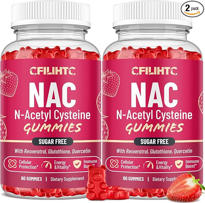 CFILIHTC (2 Pack) NAC Gummies 600mg, N Acetyl Cysteine Supplement with Glutathione, Resveratrol, Magnesium, CoQ10, NAC Chewable for Antioxidants & Immune Support, Strawberry Flavor 120 Gummies