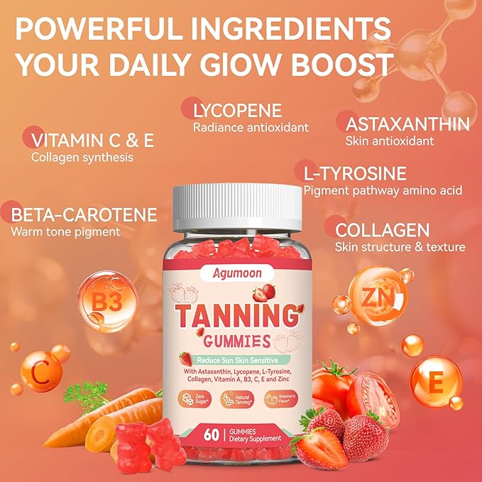 Tanning Gummies for Women and Men, Self Tan Supplement with Beta Carotene, Lycopene, Astaxanthin, Collagen & Vitamins, for Skin Health & Pigmentation, Vegan - 120 Gummies
