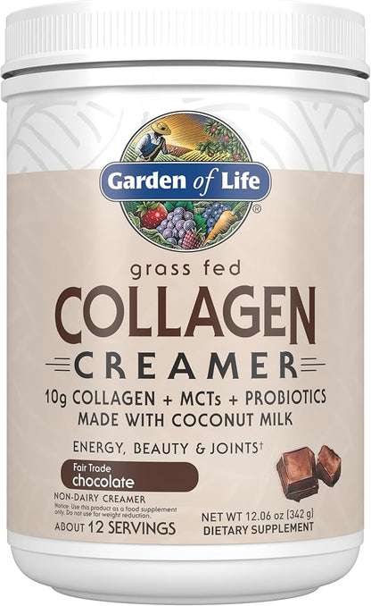 Garden of Life Grass Fed Collagen Creamer Powder - Chocolate, 12 Servings, Powder for Coffee Energy Beauty Joints, Collagen Peptides with Coconut MCTs, Keto Protein Supplements
