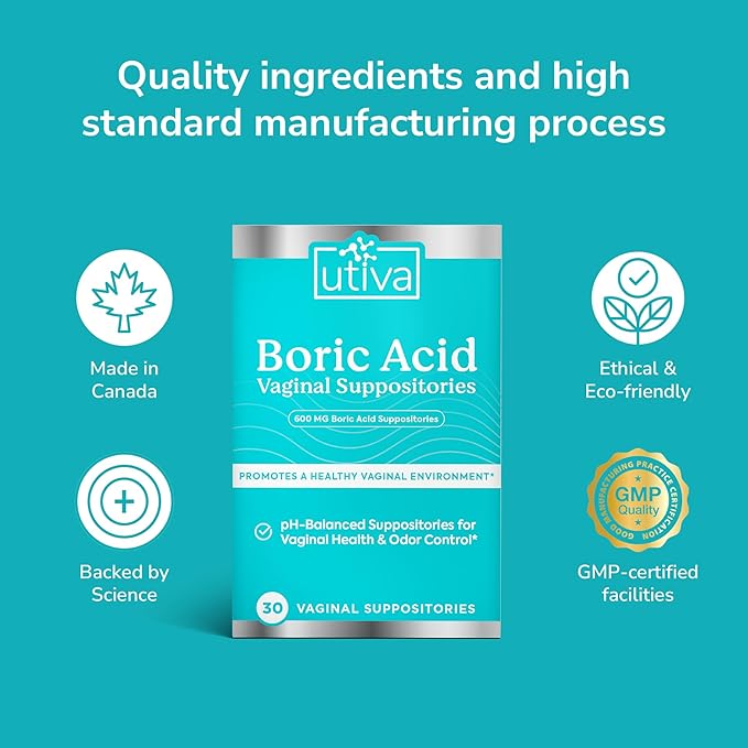 Szio+ Utiva Boric Acid Suppositories for Women - pH Balance - Feminine Care - 600mg Boric Acid to Lower pH and Support Vaginal Health, BV Treatment for Women, 30 Vaginal Suppositories