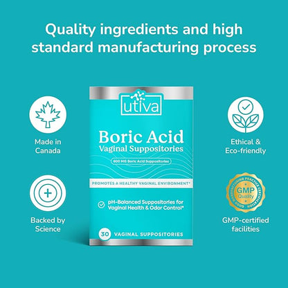 Szio+ Utiva Boric Acid Suppositories for Women - pH Balance - Feminine Care - 600mg Boric Acid to Lower pH and Support Vaginal Health, BV Treatment for Women, 30 Vaginal Suppositories