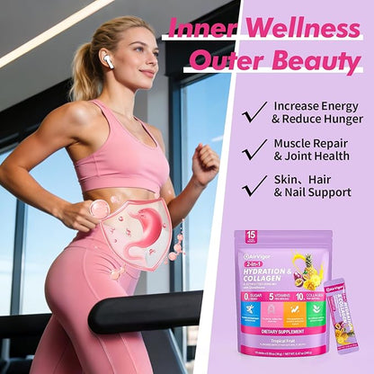 Electrolyte Collagen Powder Packets, 10g Collagen Protein Drink Mix for Hydration Recovery, Zero Sugar 2-in-1 Post Workout Rehydration, Joint Skin Muscle Support, 5 Vitamins, Tropical Fruit
